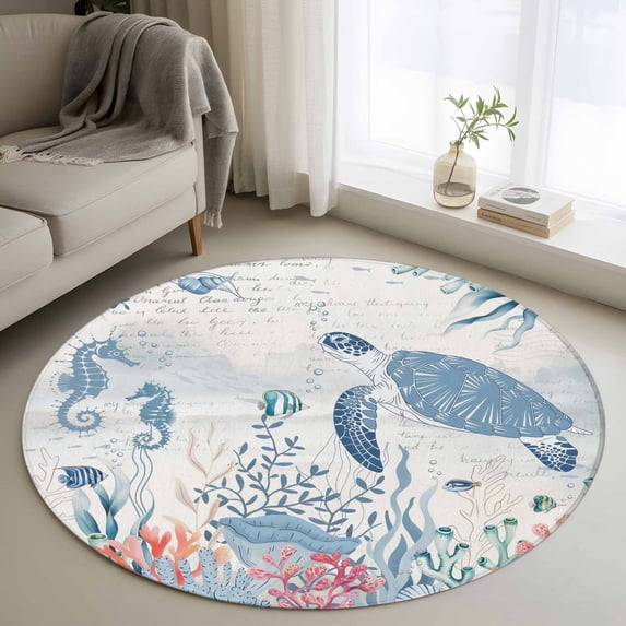 Sea Turtle Coastal Round Area Rug 3Ft Washable Small Circle Rugs for Kitchen Entryway, Beach Nautical Ocean Coral Seahorse Non-Slip Carpet Floor Mats Indoor Outdoor Carpet Runner Aesthetic Home Decor