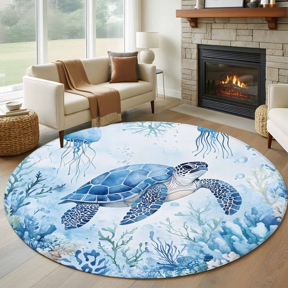 Sea Turtle Coastal Round Area Rug 6 FT, Non Slip Bedroom Area Rug, Blue Summer Beach Coral Jellyfish Washable Soft Circular Carpet Non-Shedding Floor Mat for Kitchen Dining Room Home Office Kids Room