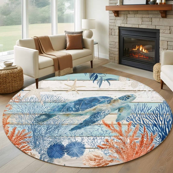 Sea Turtle Coastal Round Area Rug 6Ft Washable Circle Rugs for Bathroom Office, Summer Beach Coral Nautical Teal Wood Non-Slip Carpet Floor Mats Indoor Outdoor Carpet Runner Aesthetic Home Decor