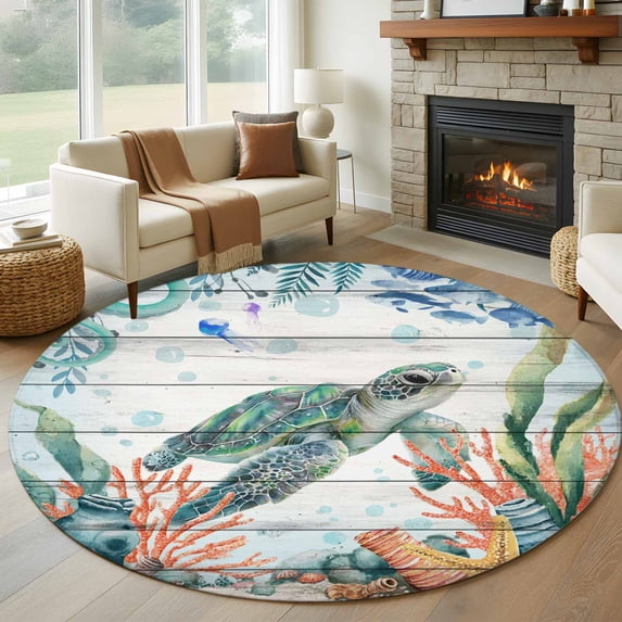 Sea Turtle Coastal Round Area Rug 6Ft Washable Circle Rugs for Bathroom Office, Summer Nautical Starfish Coral Grey Wooden Non-Slip Carpet Floor Mats Indoor Outdoor Carpet Runner Aesthetic Home Decor