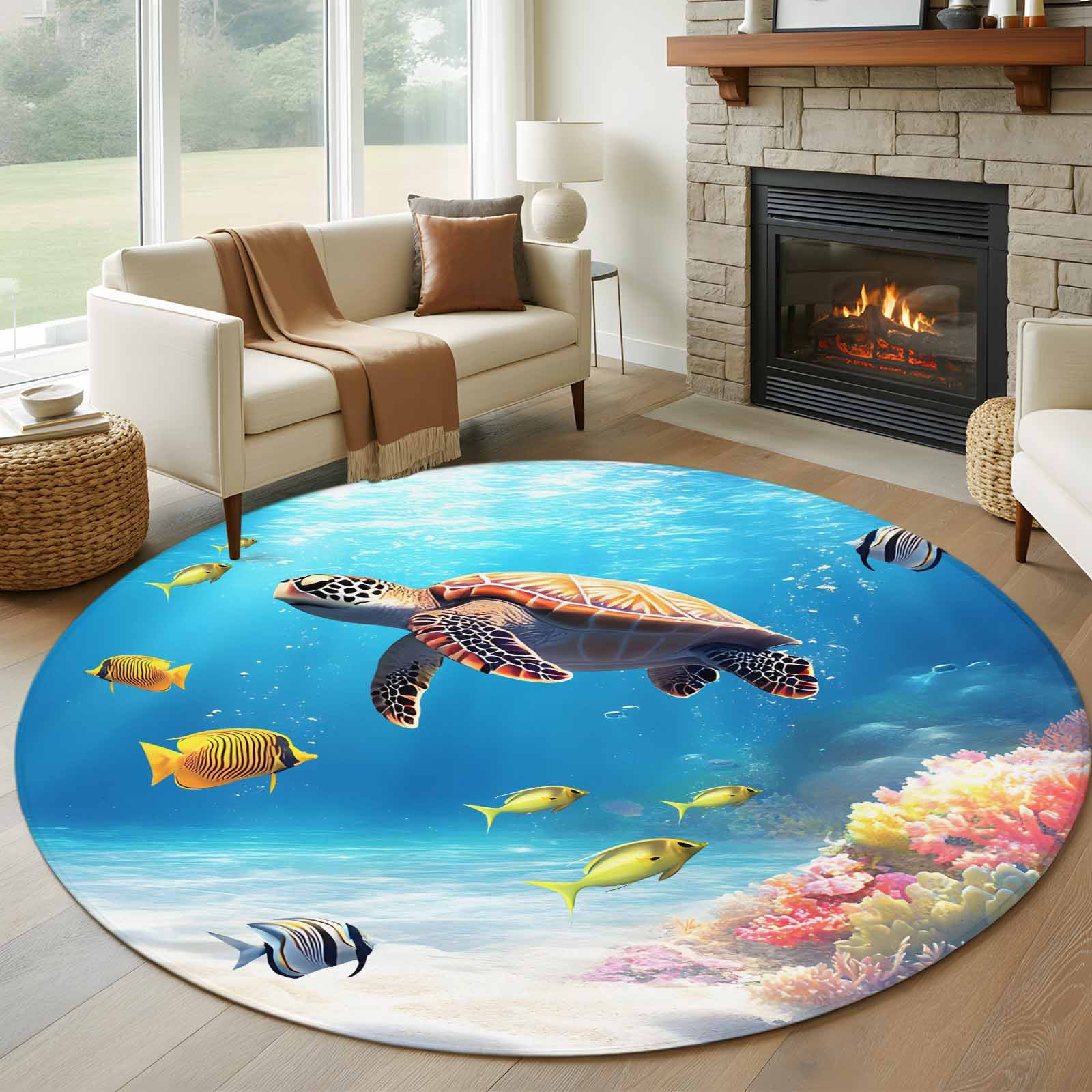 Sea Turtle Coastal Round Area Rug 7 FT, Non Slip Living Room Area ...