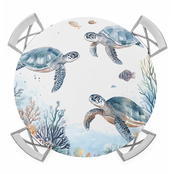 Sea Turtle Coastal Round Tablecloth for 45-54 Inch Tables,Fitted Table Cover with Elastic Edge,Summer Beach Coral Ocean Blue Nautical Waterproof Outdoor Table Cloth Protector for Patio Garden Dinner