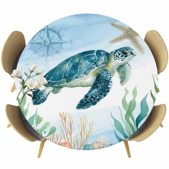 Sea Turtle Coastal Round Tablecloth, Fitted Table Cover with Elastic for 36"-44" Round Tables, Summer Beach Nautical Starfish Compass Table Cloth Outdoor Indoor Dinning Party Waterproof Tablecloths