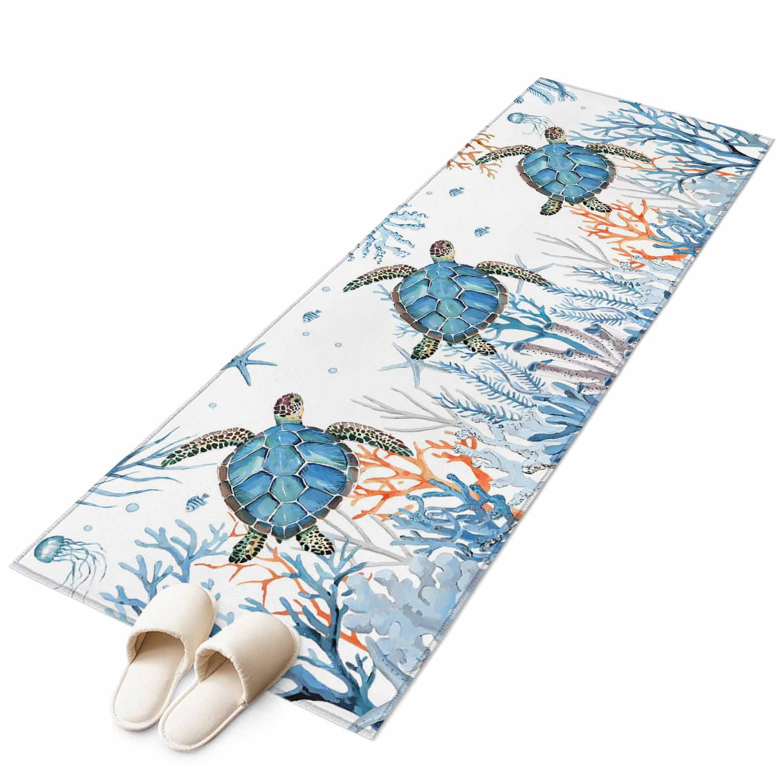 Turtle Rug Runner Sea Turtle Coastal Runner Rug 2x6 FT, Non Slip Hallway Carpet, Nautical ...