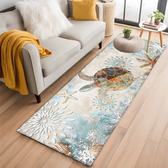 Sea Turtle Coastal Runner Rug 2x6 FT,Non Slip Hallway Rugs,Nautical Starfish Botanical Ocean Washable Soft Floor Carpet Throw Runner Carpet Long Rugs for Entryway Kitchen Bedside Sliding Door