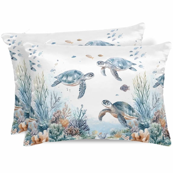 Sea Turtle Coastal Satin Pillowcase for Hair and Skin with Zipper, Soft Breathable Cooling Silk Pillow Cases, Summer Beach Coral Ocean Blue Nautical Throw Pillow Covers Queen Size 20"x30" Set of 2