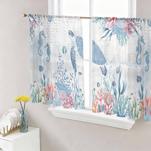 Sea Turtle Coastal Sheer Curtains 45 Inch Length 2 Panels Set Window Treatments, Beach Nautical Ocean Coral Seahorse Rod Pocket Semi Curtains for Living Room/Bedroom/Kitchen Décor, 104"W x 45"L
