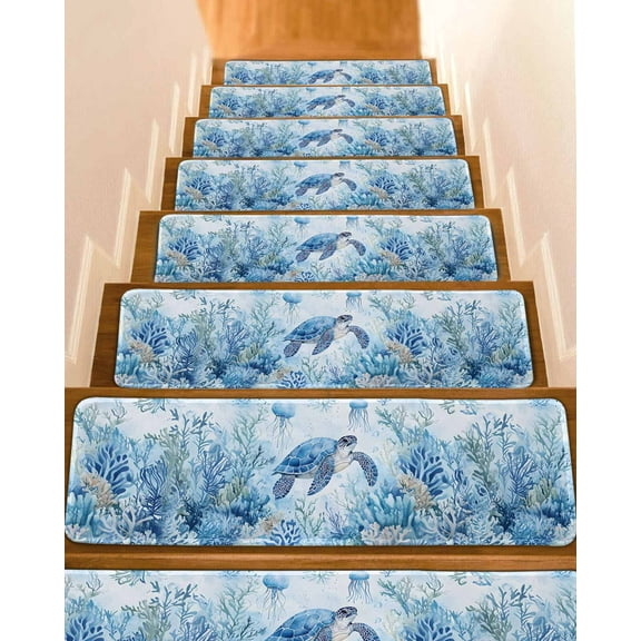 Sea Turtle Coastal Stair Treads for Wooden Steps Indoor Runner Rug Carpet, Blue Summer Beach Coral Jellyfish 4 Pieces Peel and Stick Staircase Step Treads Covers Washable Throw Door Mats, 30"x8"