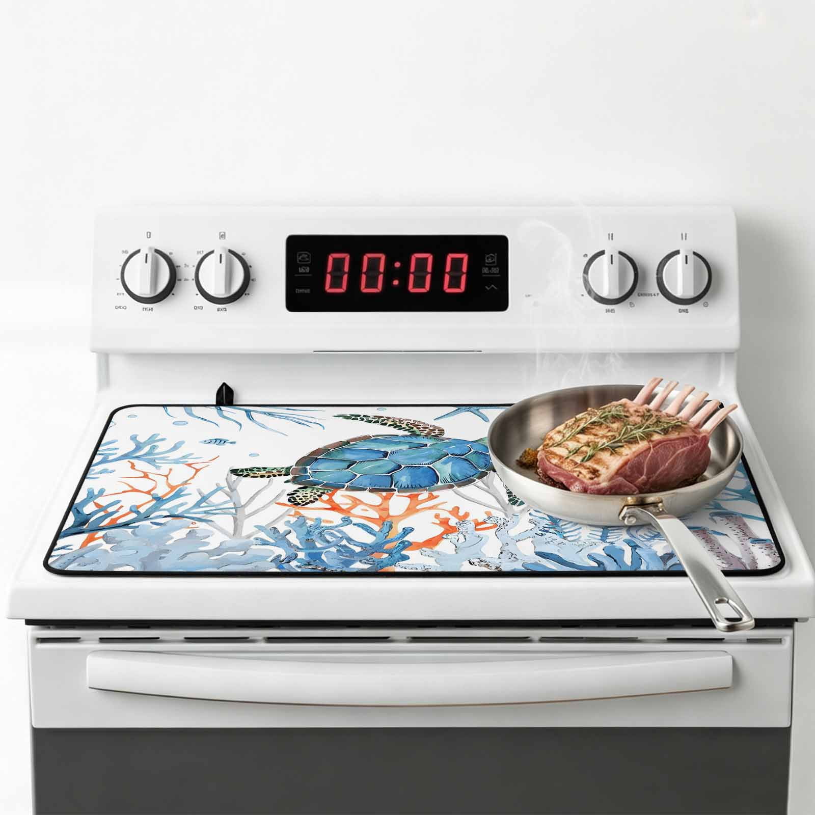 Sea Turtle Coastal Stove Top Cover for Electric Stove, Heat-proof & Non Slip Glass Top Stove Cover Protector, Nautical Summer Beach Coral Ocean Kitchen Flat Cooktop Rubber Mat 24x21 Inches