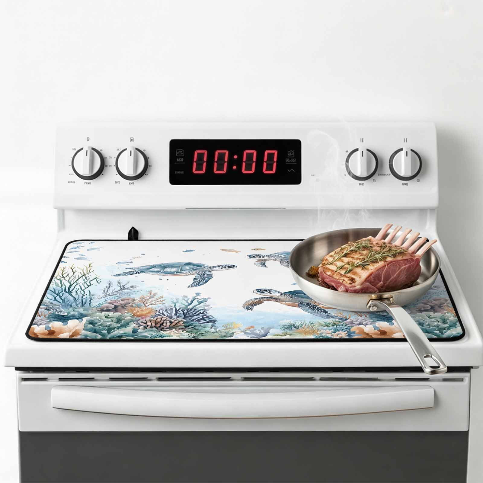 Sea Turtle Coastal Stove Top Cover for Electric Stove, Heat-proof & Non Slip Glass Top Stove Cover Protector, Summer Beach Coral Ocean Blue Nautical Kitchen Flat Cooktop Rubber Mat 24x21 Inches
