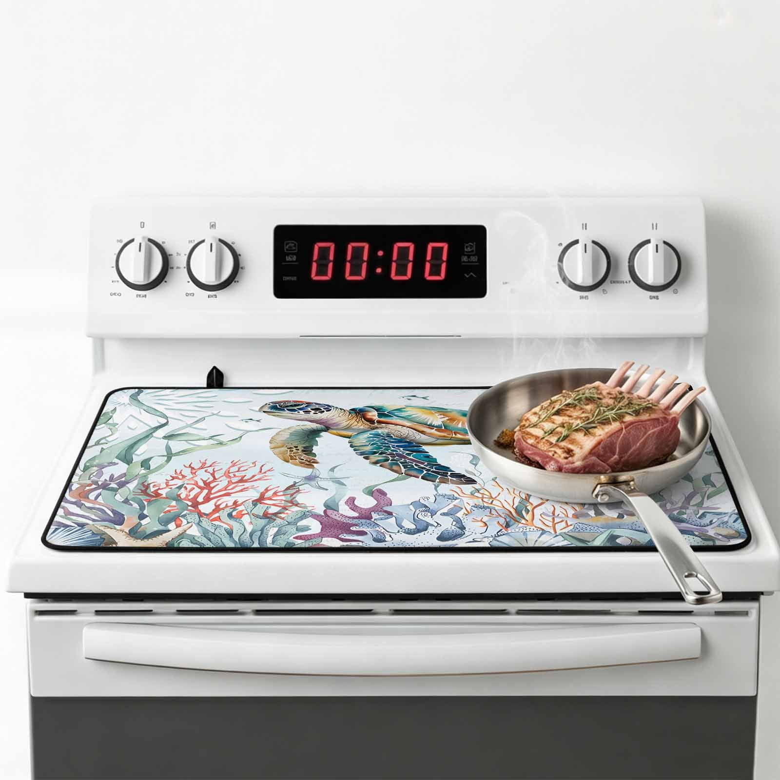 Sea Turtle Coastal Stove Top Cover for Electric Stove, Heat-proof & Non Slip Glass Top Stove Cover Protector, Summer Beach Coral Ocean Seaweed Kitchen Flat Cooktop Rubber Mat 36x21 Inches