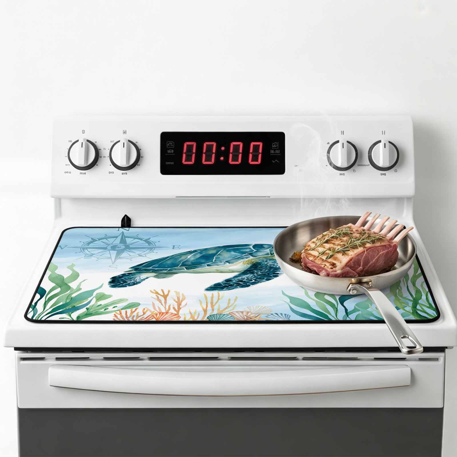 Sea Turtle Coastal Stove Top Cover for Electric Stove, Heat-proof & Non Slip Glass Top Stove Cover Protector, Summer Beach Nautical Starfish Compass Kitchen Flat Cooktop Rubber Mat 24x21 Inches