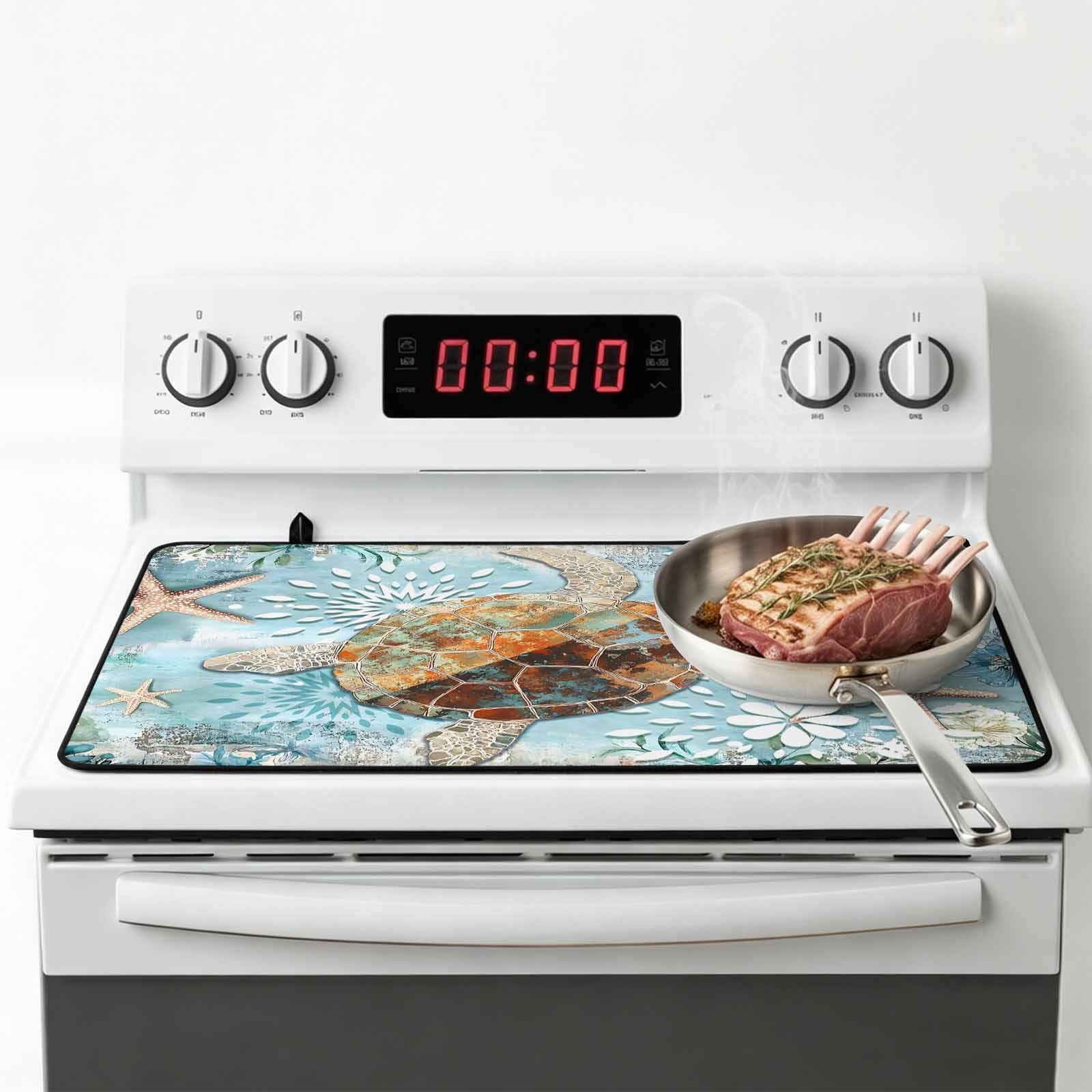 Sea Turtle Coastal Stove Top Cover for Electric Stove, Heat-proof & Non Slip Glass Top Stove Cover Protector, Teal Nautical Starfish Botanical Kitchen Flat Cooktop Rubber Mat 24x21 Inches