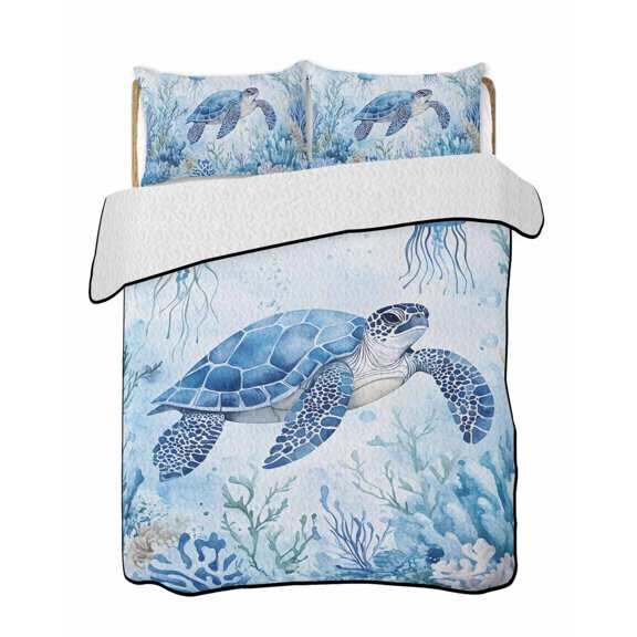 Sea Turtle Coastal Summer Quilt Set Full Size, Soft Microfiber Quilted Bedding Set with 2 Pillow Shams, Blue Summer Beach Coral Jellyfish Lightweight All Season Bedspread Coverlet for Bedroom 78"x90"