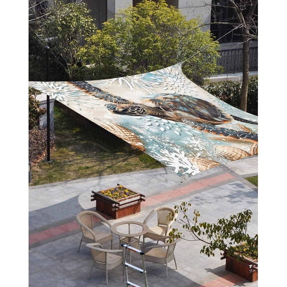 Sea Turtle Coastal Sun Shade Sail 12'x16' Rectangle Outdoor Shade Canopy, Nautical Summer Beach Starfish Porch Shades Outdoor Sun Blocking Screen, Sunshade Cloth Covers for Patio/Deck/Garden