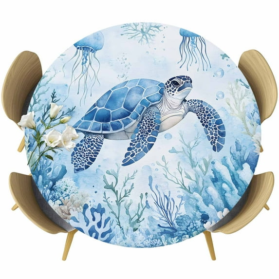 Sea Turtle Coastal Table Cloth, Round Fitted Tablecloths with Elastic Edge, Blue Summer Beach Coral Jellyfish Wipeable Waterproof Table Cover for Kitchen Wedding 45-54 Inches