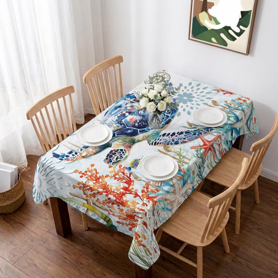 Sea Turtle Coastal Table Cloth Waterproof Tablecloths, Summer Beach Coral Ocean Nautical Tablecloth Dining Table Cover for Kitchen Party Tabletop Outdoor, Rectangle Tablecloth 60x84 Inch