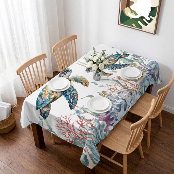 Sea Turtle Coastal Table Cloth Waterproof Tablecloths, Summer Beach Coral Ocean Seagrass Tablecloth Dining Table Cover for Kitchen Party Tabletop Outdoor, Rectangle Tablecloth 60x84 Inch