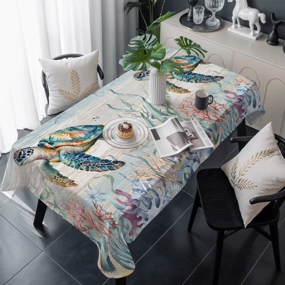 Sea Turtle Coastal Table Cloth Waterproof Tablecloths, Summer Coral Ocean Gray Blue Wooden Tablecloth Dining Table Cover for Kitchen Party Tabletop Outdoor, Rectangle Tablecloth 60x120 Inch