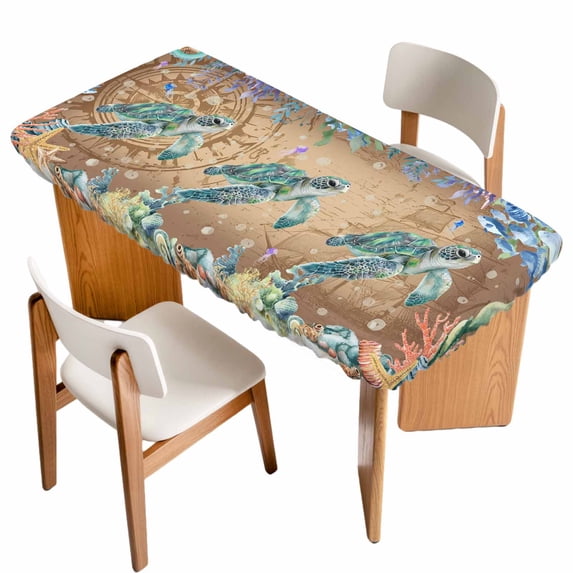 Sea Turtle Coastal Table Cloths for 3 Foot Rectangle Tables, Summer Nautical Starfish Coral Brown Anchor Patio Waterproof Elastic Fitted Tablecloths, Washable Rectangular Table Cover for Camping