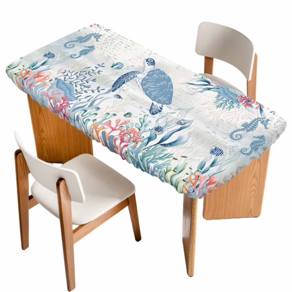 Sea Turtle Coastal Table Cloths for 5 Foot Rectangle Tables, Beach Nautical Ocean Coral Seahorse Patio Waterproof Elastic Fitted Tablecloths, Washable Rectangular Table Cover for Camping