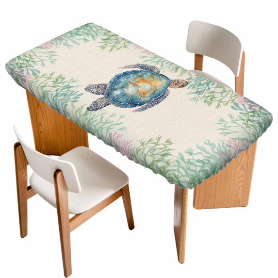 Sea Turtle Coastal Table Cloths for 5 Foot Rectangle Tables, Blue Green Summer Beach Coral Ocean Patio Waterproof Elastic Fitted Tablecloths, Washable Rectangular Table Cover for Camping