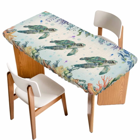 Sea Turtle Coastal Table Cloths for 5 Foot Rectangle Tables, Summer Nautical Starfish Coral Beige Patio Waterproof Elastic Fitted Tablecloths, Washable Rectangular Table Cover for Camping