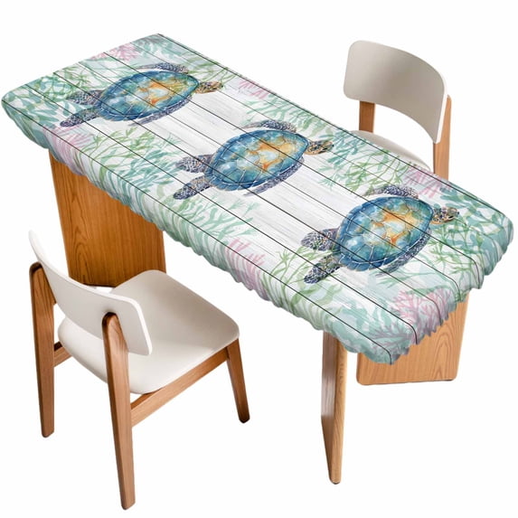 Sea Turtle Coastal Table Cloths for 8 Foot Rectangle Tables, Blue Green Summer Beach Coral Wooden Patio Waterproof Elastic Fitted Tablecloths, Washable Rectangular Table Cover for Camping