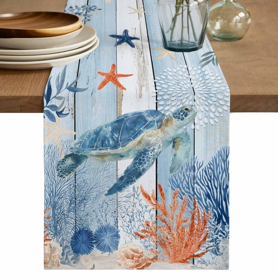 Sea Turtle Coastal Table Runner 108 Inches, Summer Beach Coral Nautical Blue Wood Bed Runner Dresser Scarves Tabletop for Indoor Outdoor Parties/Ceremony/Banquet, 13"x 108"