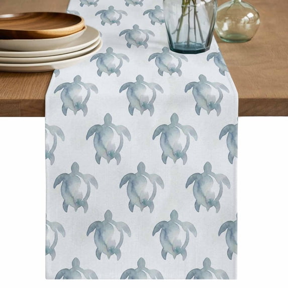 Sea Turtle Coastal Table Runner 108 Inches, Watercolor Beach Ocean Nautical Bed Runner Dresser Scarves Tabletop for Indoor Outdoor Parties/Ceremony/Banquet, 13"x 108"