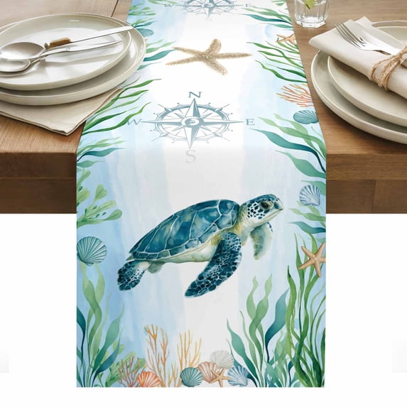Sea Turtle Coastal Table Runner - 120 Inch Long, Kitchen Dining Table Runner Dresser Scarves, Summer Beach Nautical Starfish Compass Farmhouse Decor for Coffee Tables Wedding Party Banquet