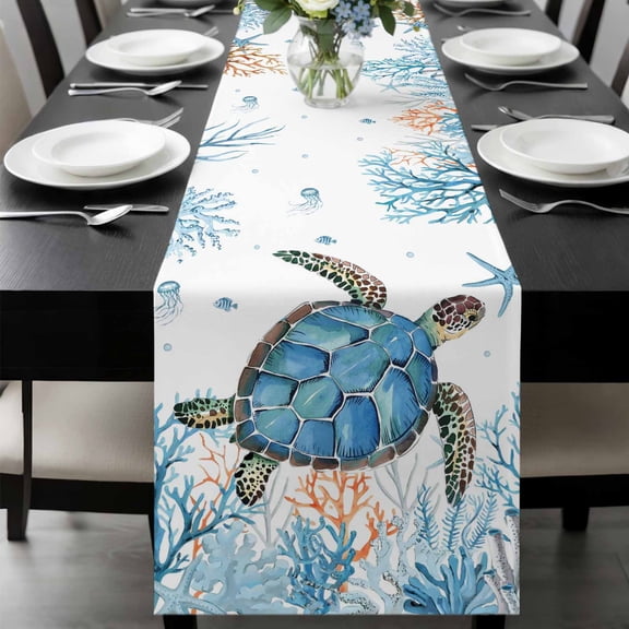 Sea Turtle Coastal Table Runner 36 Inches Long, Nautical Summer Beach Coral Ocean Kitchen Coffee Dining Table Decoration for Home Party Birthday Wedding Home Decor 13x36 Inches