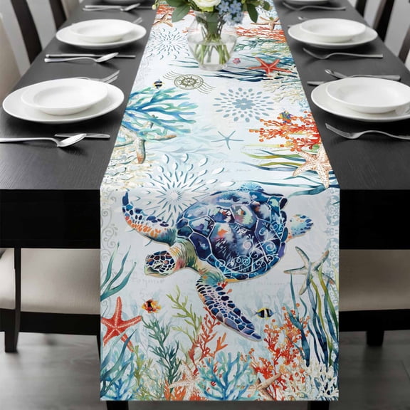 Sea Turtle Coastal Table Runner 36 Inches Long, Summer Beach Coral Ocean Nautical Kitchen Coffee Dining Table Decoration for Home Party Birthday Wedding Home Decor 13x36 Inches
