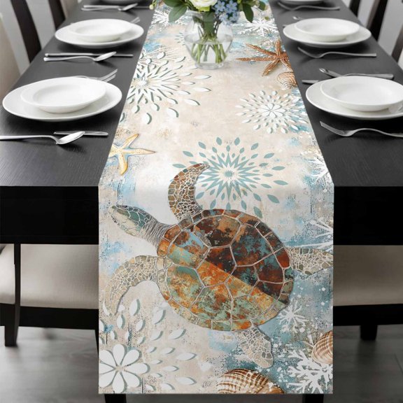Sea Turtle Coastal Table Runner 48 Inches Long, Nautical Starfish Botanical Ocean Kitchen Coffee Dining Table Decoration for Home Party Birthday Wedding Home Decor 13x48 Inches