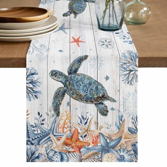 Sea Turtle Coastal Table Runner 70 Inches, Summer Coral Starfish Nautical Grey Bed Runner Dresser Scarves Tabletop for Indoor Outdoor Parties/Ceremony/Banquet, 13" x 70"