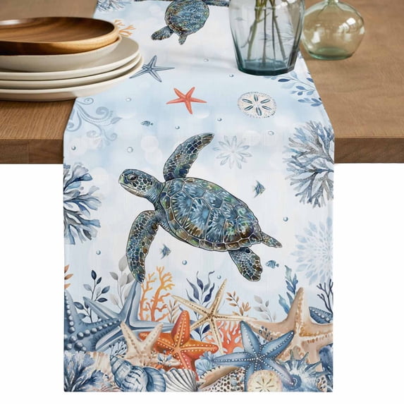 Sea Turtle Coastal Table Runner 72 Inches, Summer Coral Starfish Nautical Blue Ombre Bed Runner Dresser Scarves Tabletop for Indoor Outdoor Parties/Ceremony/Banquet, 14" x 72"