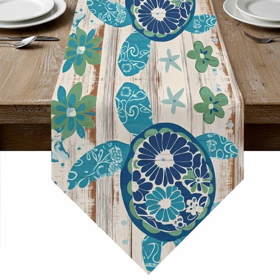 Sea Turtle Coastal Table Runner Linen Burlap Table Runner 70 Inches Long Summer Beach Starfish Nautical Dresser Scarves for Kitchen Island Coffee Dining Party Wedding Banquet Holiday Decor 13"x70"