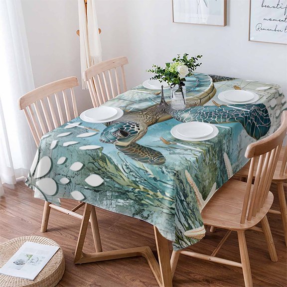 Sea Turtle Coastal Tablecloth Rectangle Table Cloth 60x84 , Waterproof Tablecloth Outdoor Table Cloth, Summer Beach Teal Coral Starfish Washable Table Cover for Kitchen Dining Party
