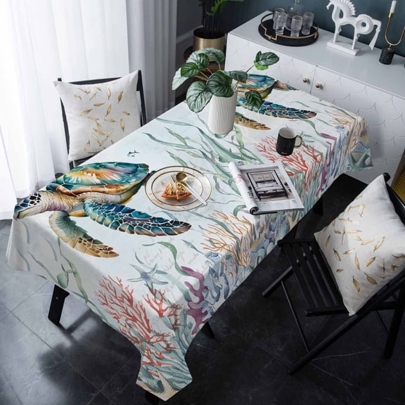 Sea Turtle Coastal Tablecloth Rectangle Table Cloths 54x108 , Waterproof Tablecloth Outdoor Table Cloth, Summer Beach Coral Ocean Seaweed Washable Table Cover for Kitchen Dining Party