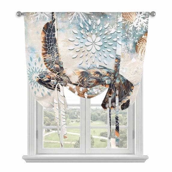 Sea Turtle Coastal Tie Up Curtain Valance for Window, Adjustable Rod Pocket Window Curtains Shades, Nautical Summer Beach Starfish Light Filtering Valance Drapes for Cafe Living Room Bedroom 42"x54"