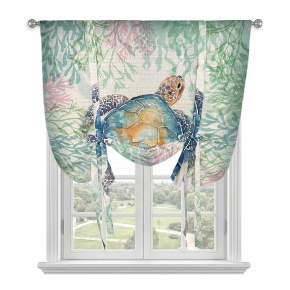 Sea Turtle Coastal Tie Up Curtains for Windows, Adjustable Balloon Window Shades, Blue Green Summer Beach Coral Ocean Kitchen Window Treatments Adjustable Roll Up Curtain for Basement/Nursery 52"x45"