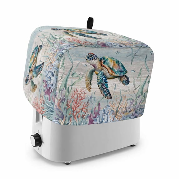 Sea Turtle Coastal Toaster Cover 2 Slice, Summer Coral Ocean Gray Blue Wooden Dustproof Bakeware Oven Protector with Top Hook, Waterproof Small Kitchen Appliance Toasters Dust Cover, 12"x7.5"x8"