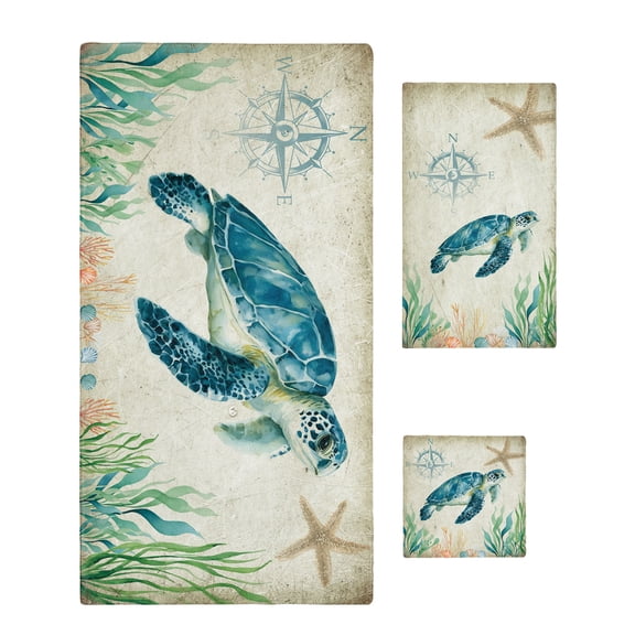 Sea Turtle Coastal Towel Set of 3, Soft Microfiber Bath Towels, Hand Towel, Washcloths, Vintage Nautical Ocean Starfish Compass Quick-Dry Absorbent Towels for Bathroom Kitchen Hotel Beach Gym Spa