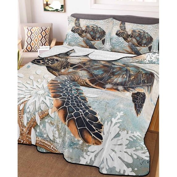 Sea Turtle Coastal Twin XL Size Down Alternative Comforter, Lightweight Comforter Quilt Bedding Set with Pillow Shams Nautical Summer Beach Starfish All Seasons Bed Comforter Duvet Insert 68"x98"