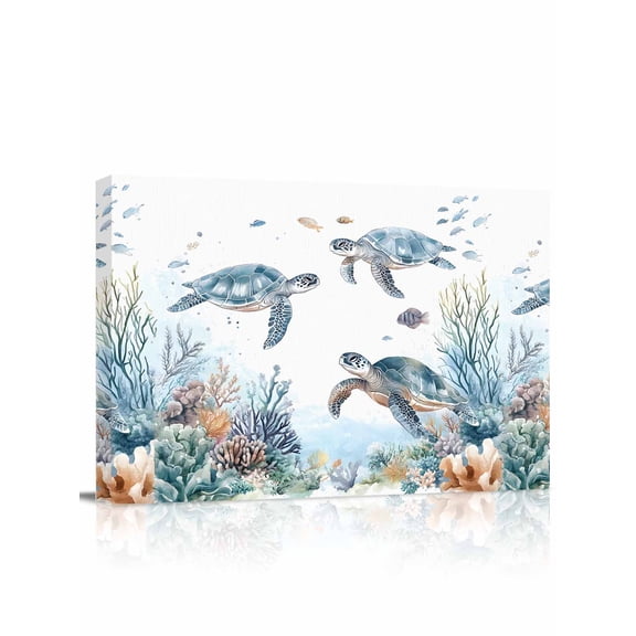 Sea Turtle Coastal Wall Art for Living Room,Canvas Picture Wall Decor for Bathroom Bedroom,Summer Beach Coral Ocean Blue Nautical Painting Artwork for Office Kitchen Hallway Dining Room Decor 12"x16"