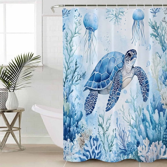 Sea Turtle Coastal Waterproof Fabric Shower Curtain, Blue Summer Beach Coral Jellyfish Shower Curtain for Bathroom Curtains Bathtubs Hotel Washable Shower Curtains with 12 Hooks Standard 72x72