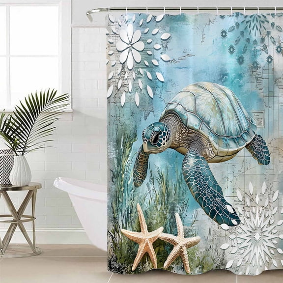 Sea Turtle Coastal Waterproof Fabric Shower Curtain, Summer Beach Teal Coral Starfish Shower Curtain for Bathroom Curtains Bathtubs Hotel Washable Shower Curtains with 12 Hooks Small 36x72in