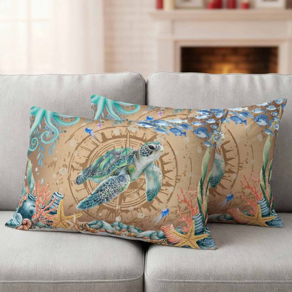 Sea Turtle Coastal Waterproof Outdoor Throw Pillow Covers 20"x12" Pack 2, Pillow Cases Throw Cushion Cover with Zipper, Summer Nautical Starfish Coral Brown Anchor Pillowcase for Poolside Sofa