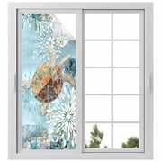 Sea Turtle Coastal Window Privacy Film, Teal Nautical Starfish Botanical Static Cling UV Sun Blocking Heat Control Window Tint Day and Night, Non-Adhesive One Way Windows Privacy Cover 23.6x59