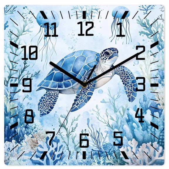Sea Turtle Coastal Wooden Wall Clock Silent Non Ticking, Blue Summer Beach Coral Jellyfish Square Wall Clocks Battery Operated, Decor Clock for Home Office, Living Room, Kitchen, 12 Inch